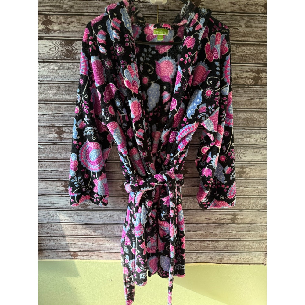 Vera Bradley Hooded Robe Size S/M Black Pink Blue Floral Long-Sleeved Pockets